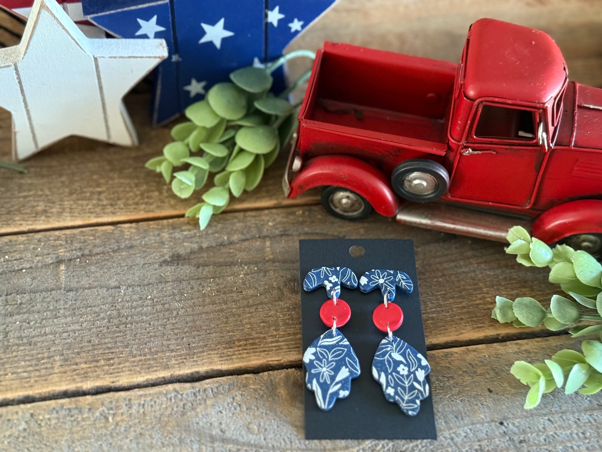 Stars and Clay- Stacked Navy Dangle w Red Accent