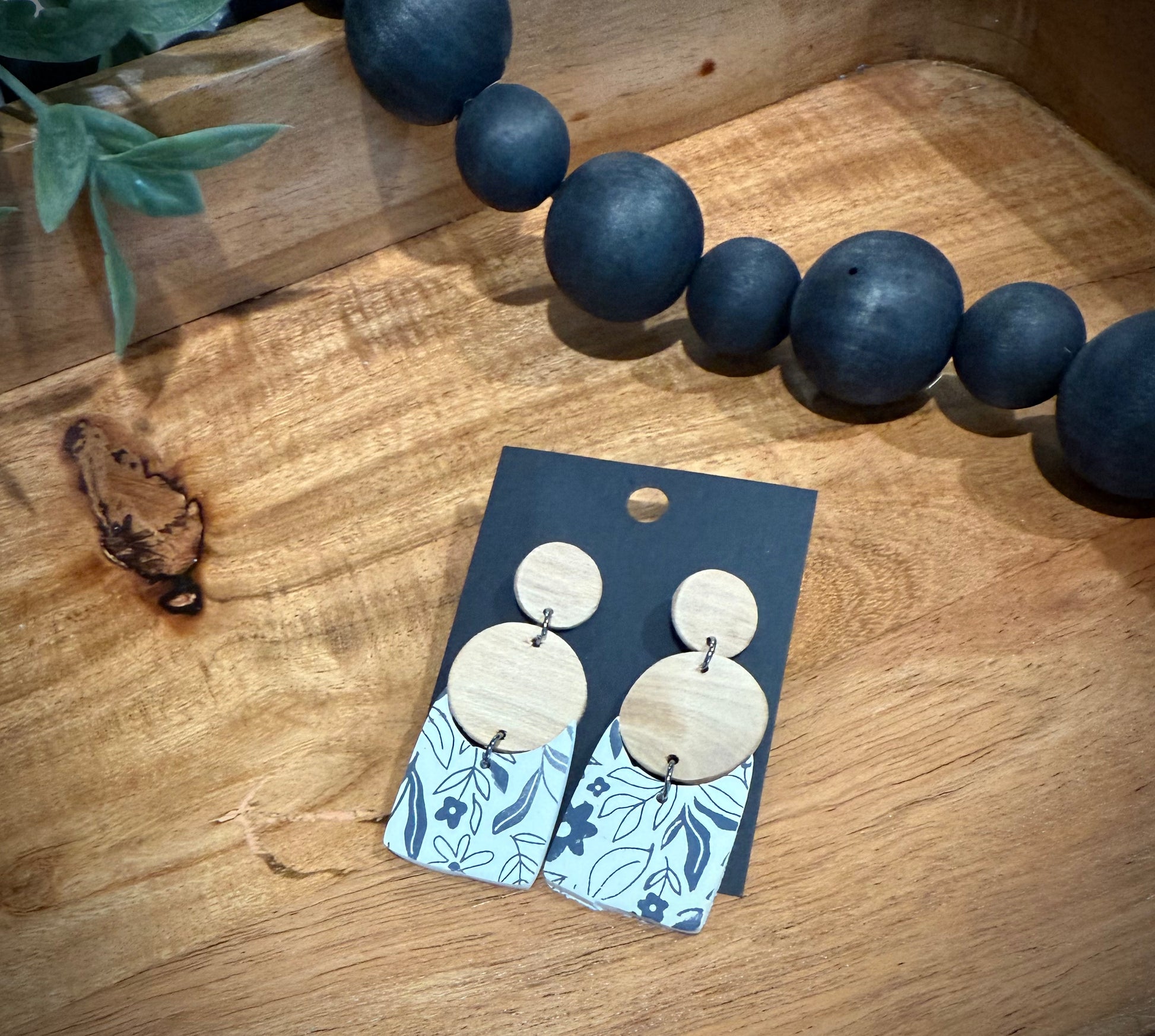 Boho- Natural Wood and White Interlocking Dangle