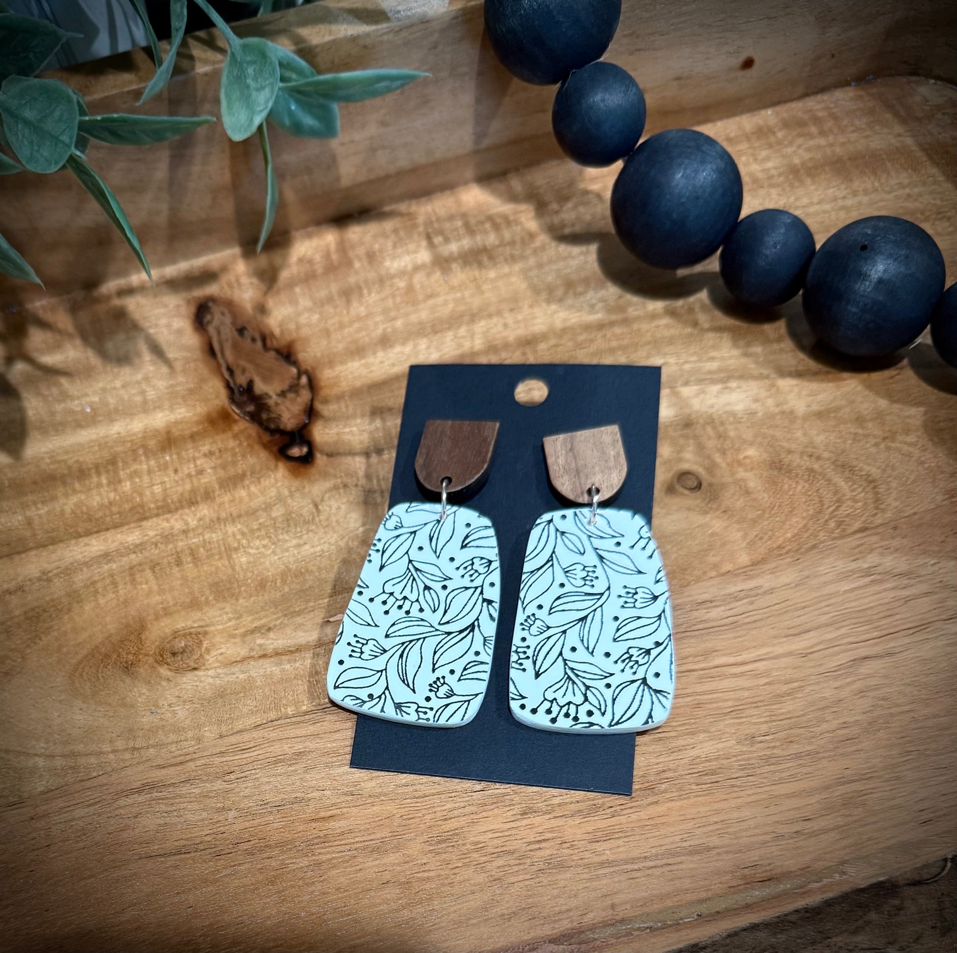 Boho- Large White Dangle with Black Floral
